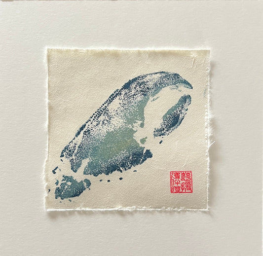 Lobster Claw Mini Print – Blue & Gold on Thai Mulberry Paper