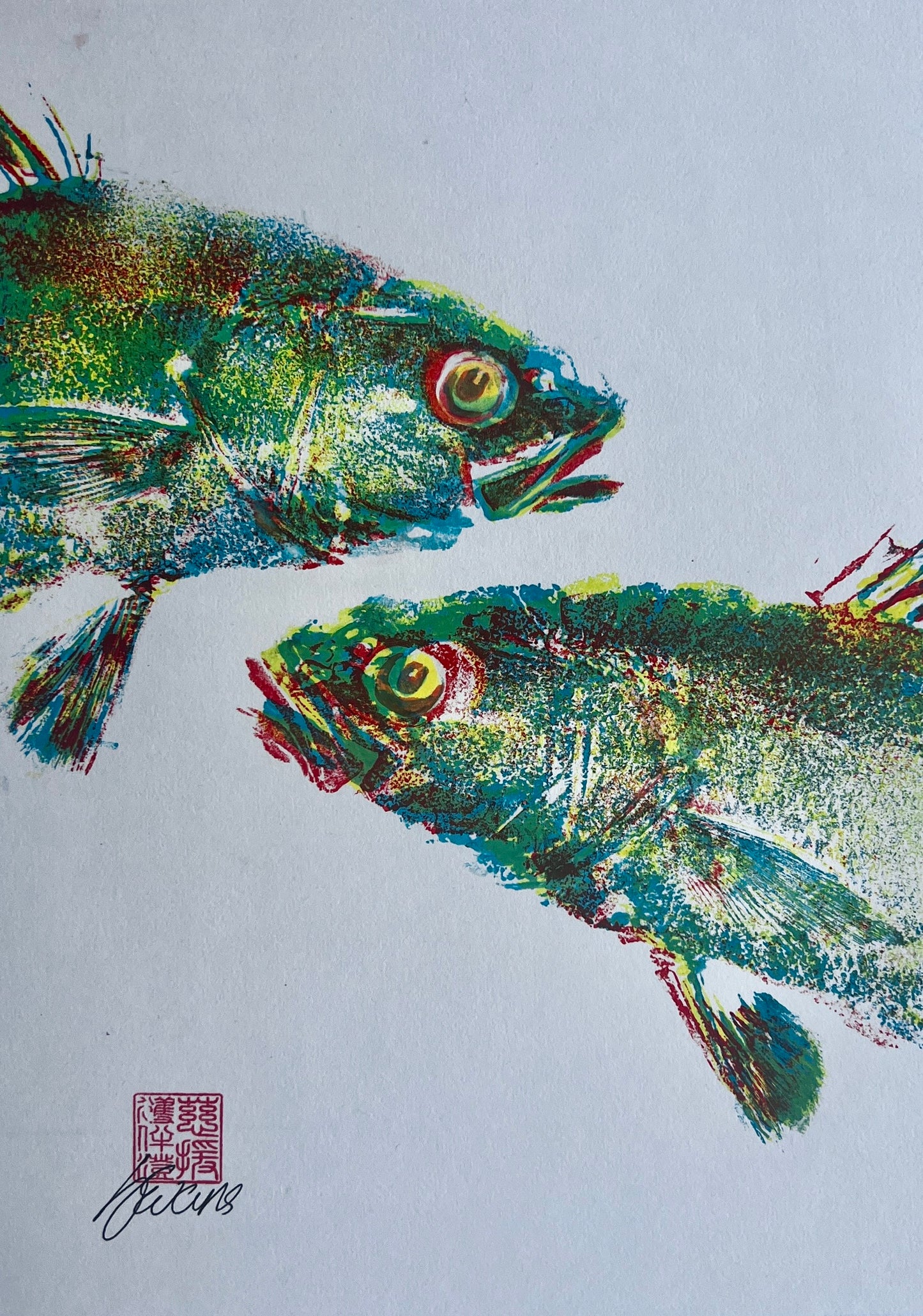 This is not a Screen Print (3 Layer Gyotaku of Sea Bass Heads)