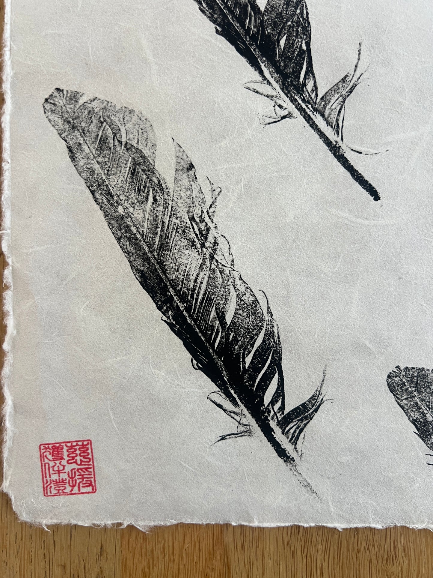 Feather Gyotaku – Black Ink on Thai Mulberry Paper