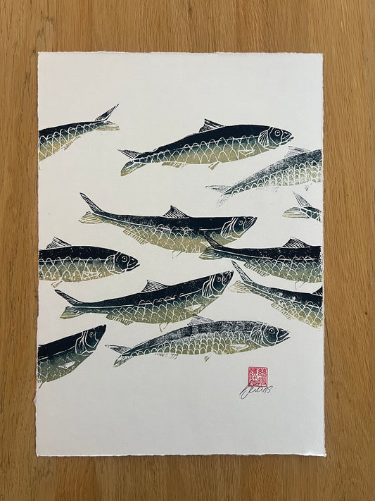 A3 Sardines Print – Hand-Carved Linotaku