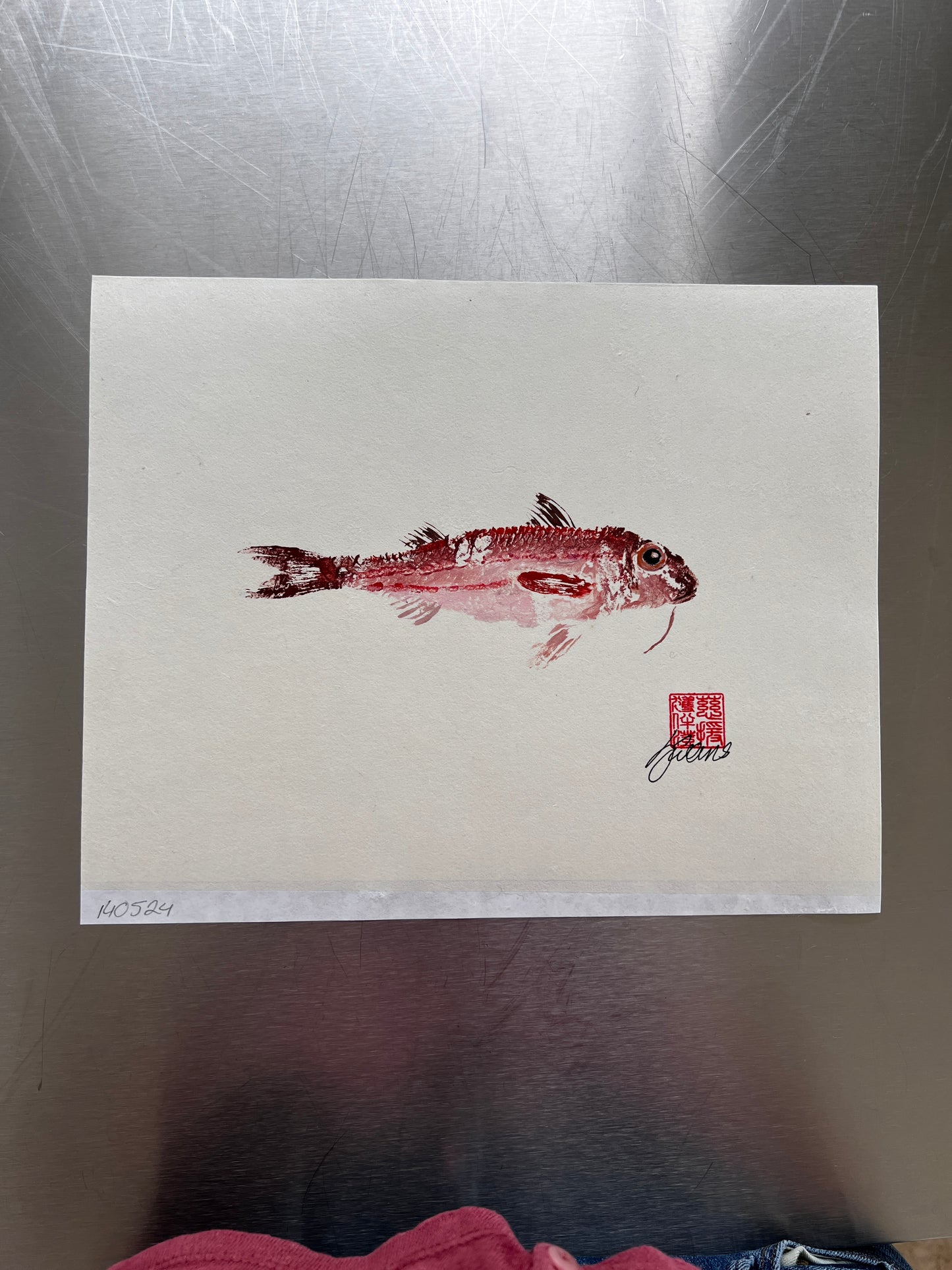 eh up Coch, Gyotaku of a small Red Mullet from the waters of North Wales