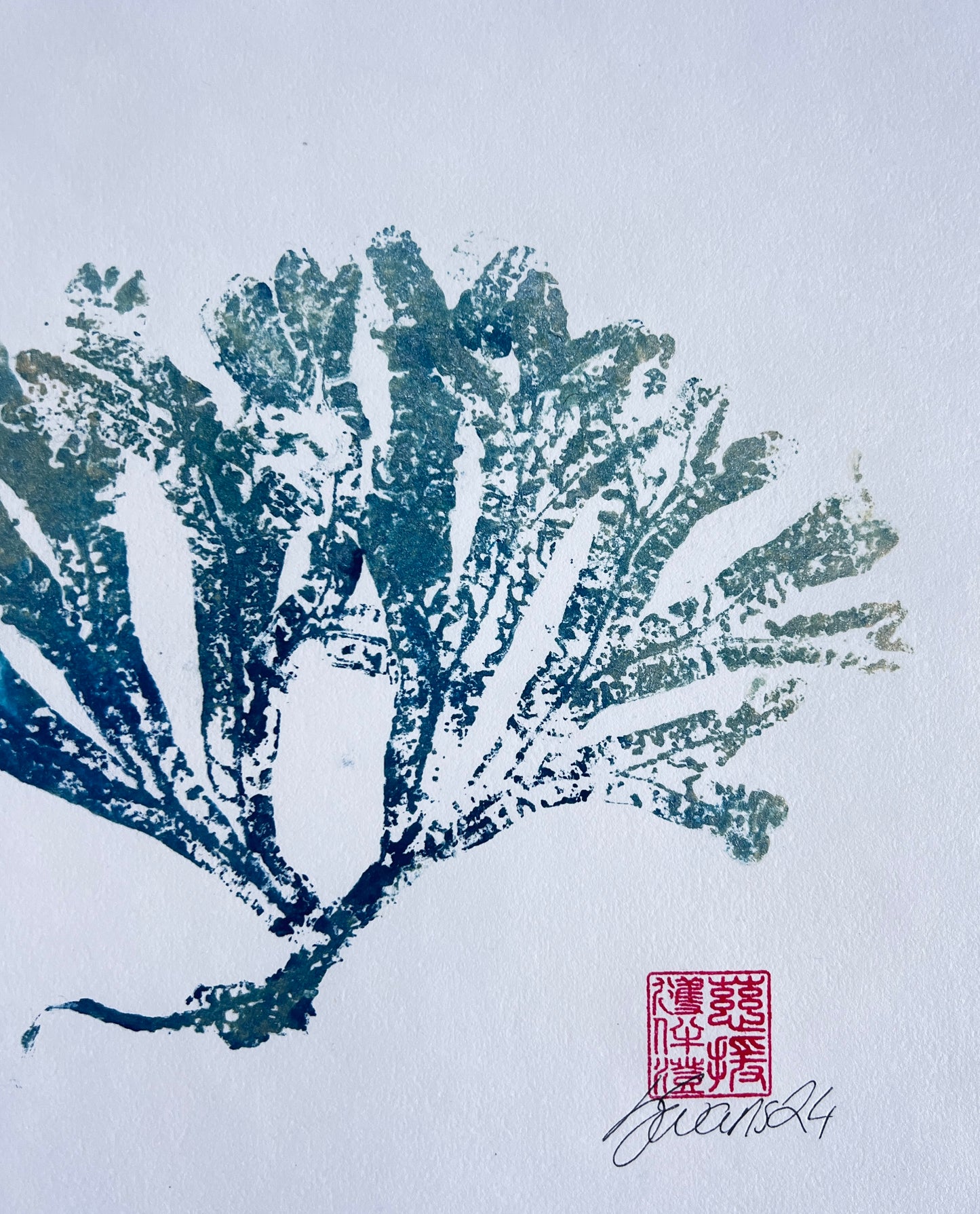 Seaweed Gyotaku in Blue and Gold Ink