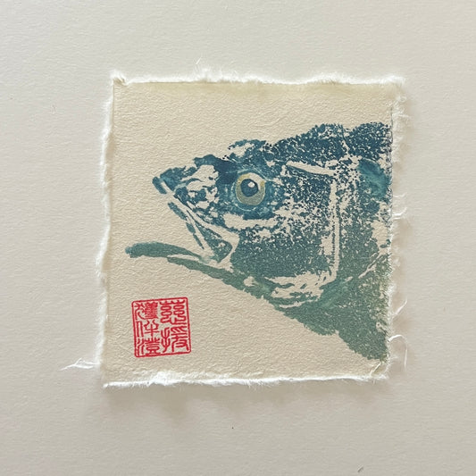 Sea Bass Mini Print – Blue & Gold on Thai Mulberry Paper