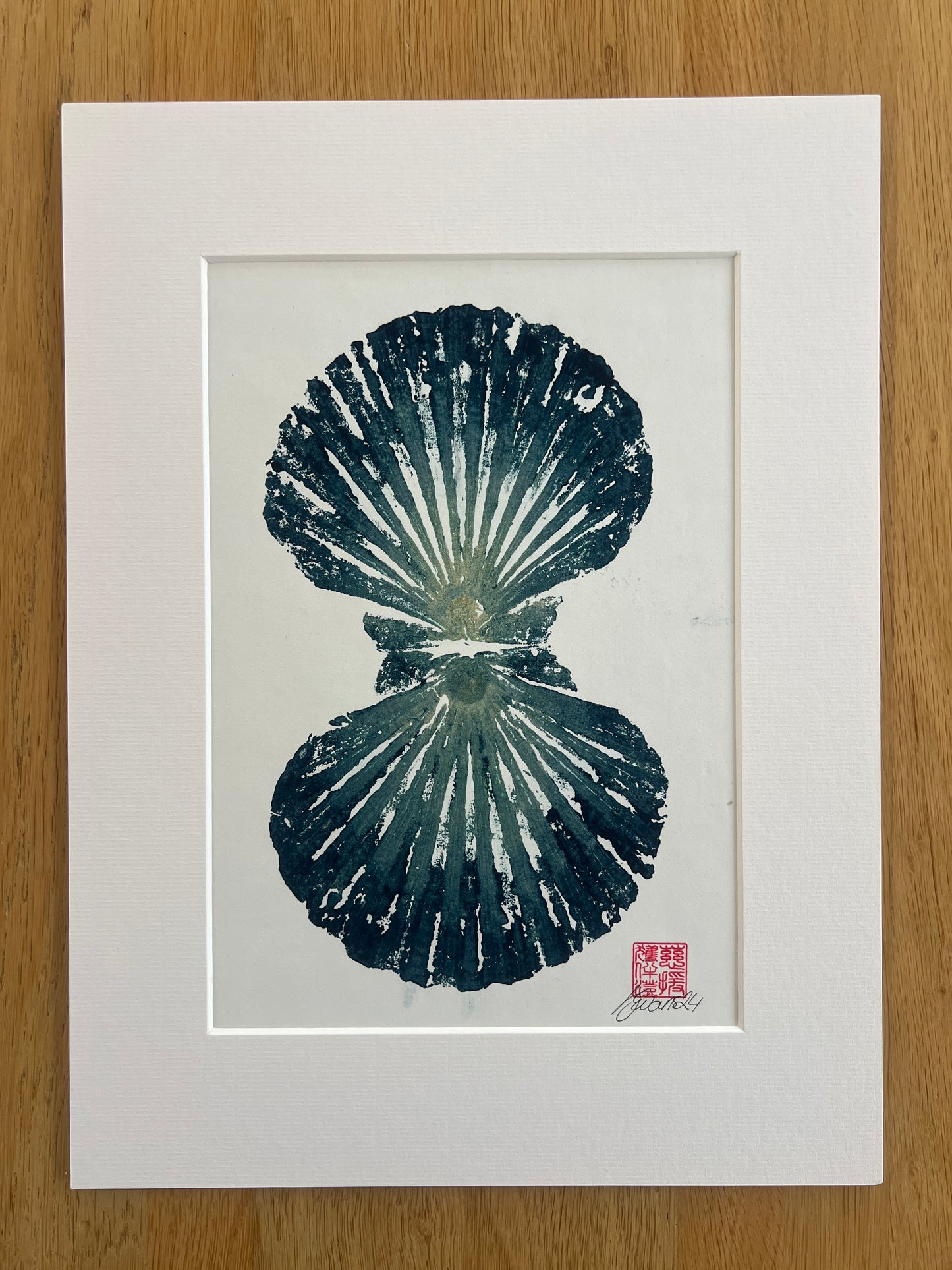 Scallop Shell Duo Gyotaku by Jane Evans
