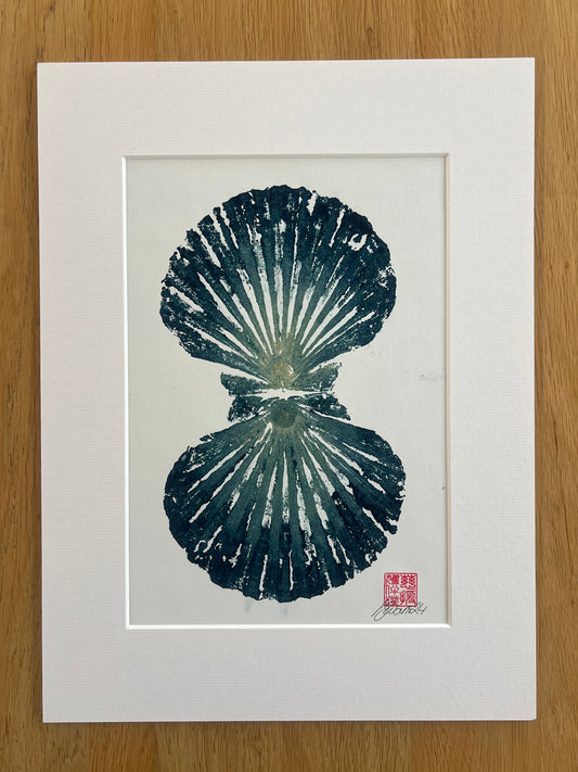Scallop Shell Duo Gyotaku by Jane Evans