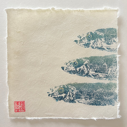 Sardine Mini Print – Blue & Gold on Thai Mulberry Paper