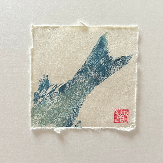 Sea Bass Tail Mini Print – Blue & Gold on Thai Mulberry Paper