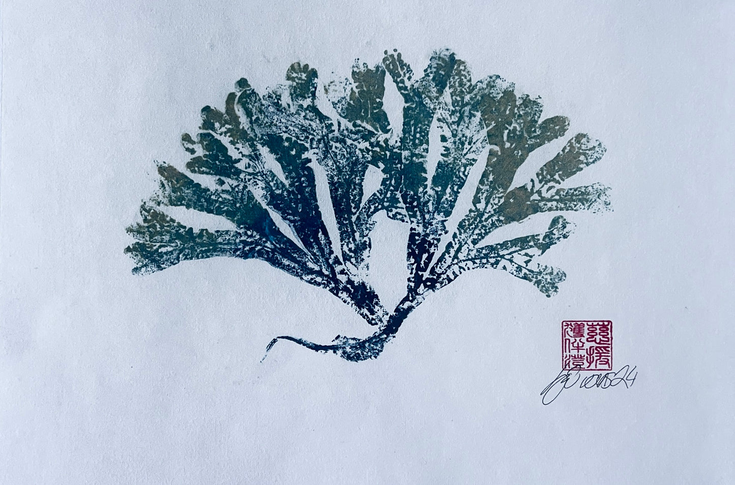 Seaweed Gyotaku in Blue and Gold Ink