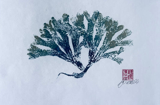 Seaweed Gyotaku in Blue and Gold Ink