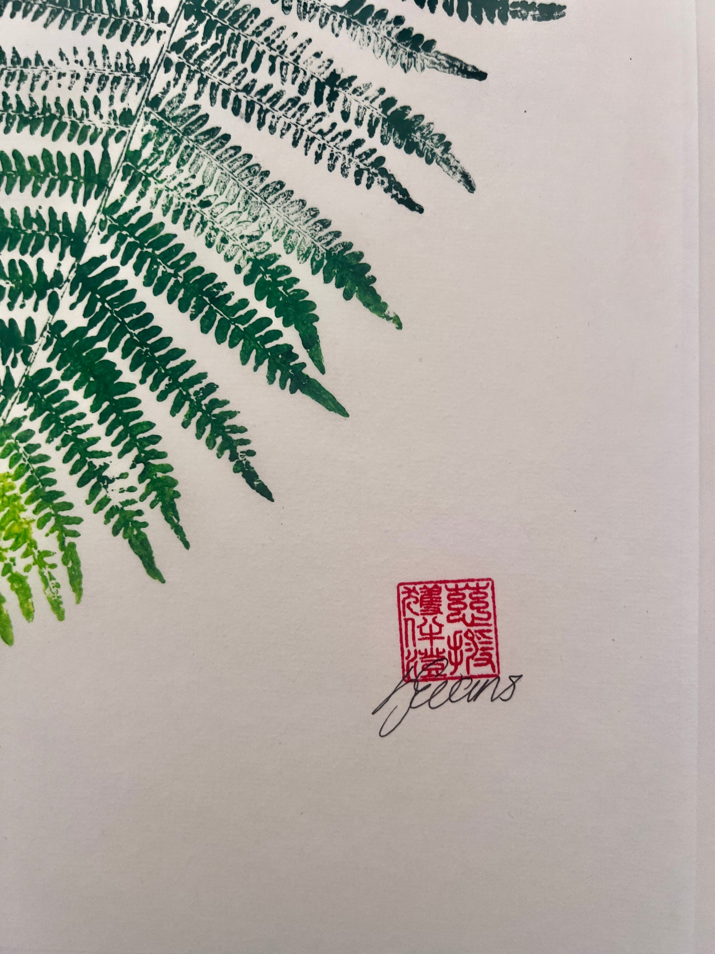 Gyotaku of a Fern Frond In Green Ink