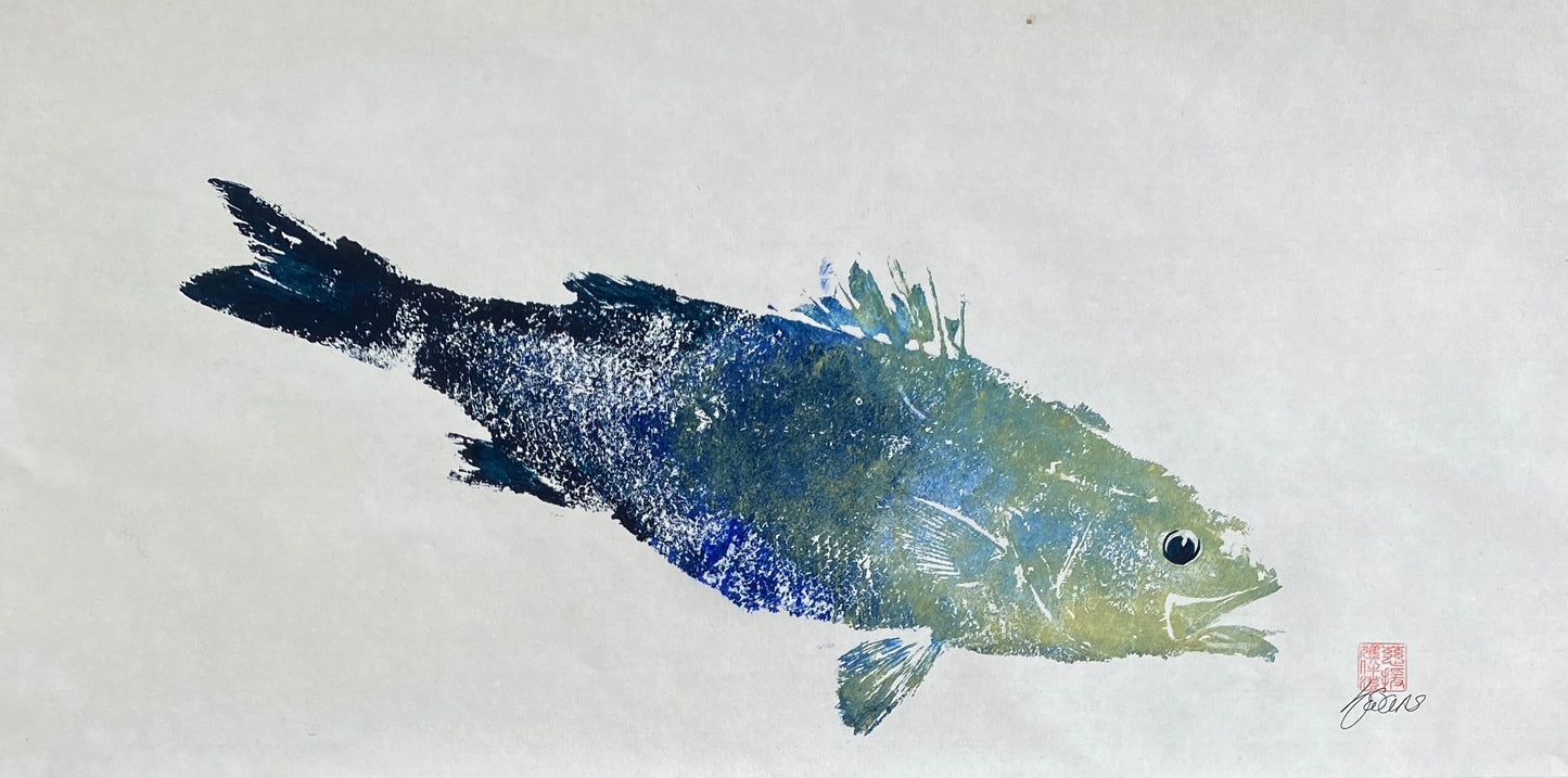 Menai Strait, Line Caught Sea Bass Gyotaku Printed and Wet Mount