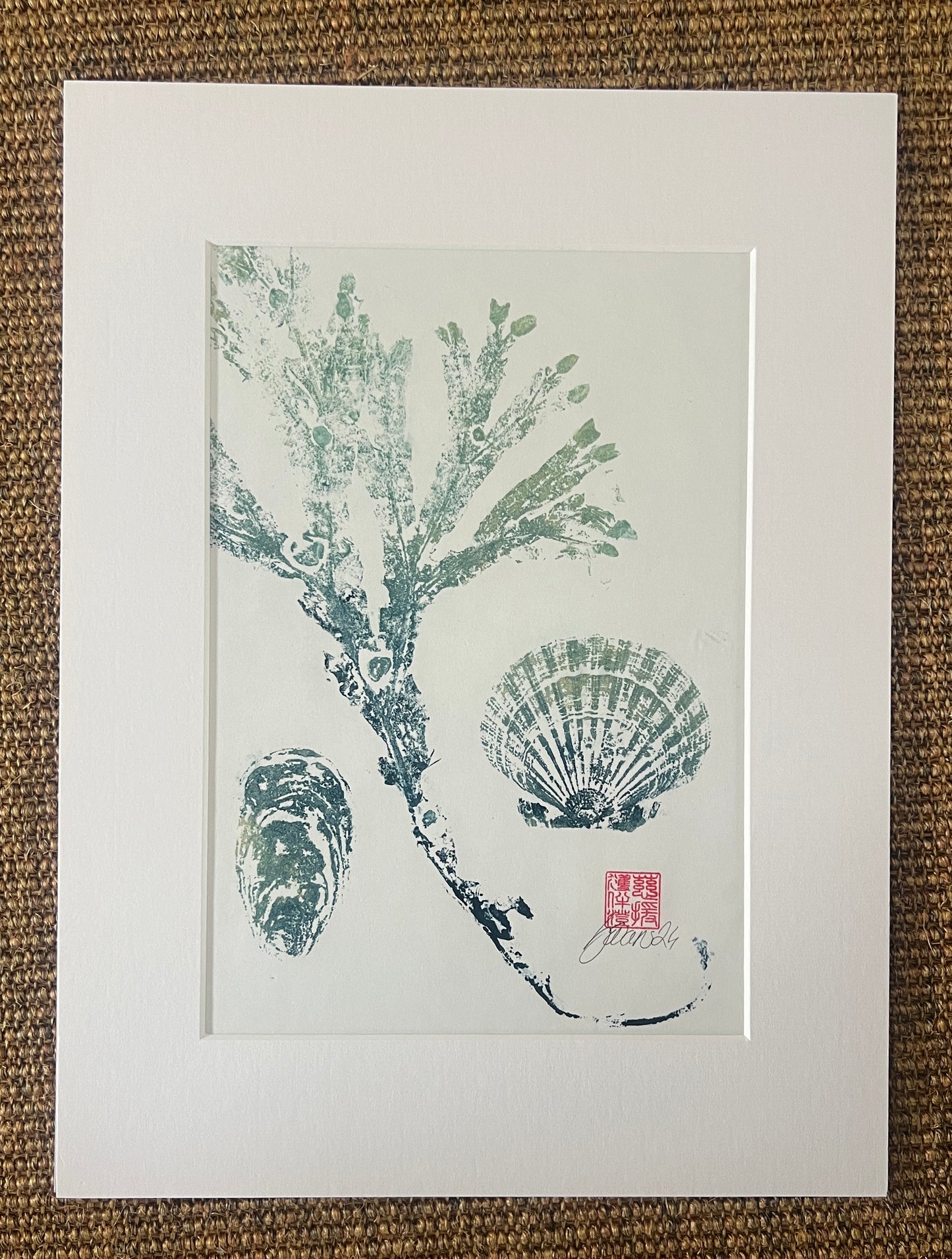 Seaweed and Shells Gyotaku in Blue and Gold Ink Portrait