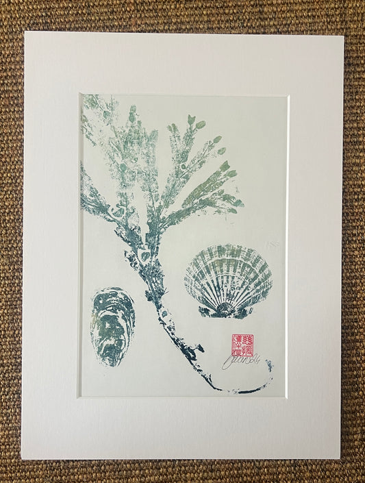 Seaweed and Shells Gyotaku in Blue and Gold Ink Portrait