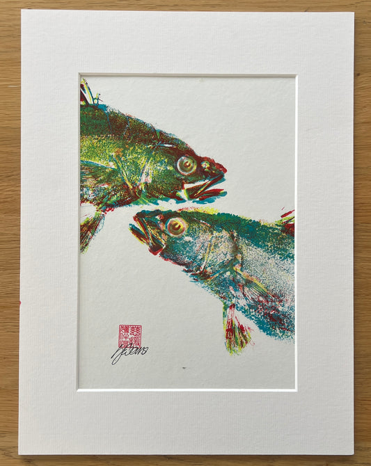 This is not a Screen Print (3 Layer Gyotaku of Sea Bass Heads)