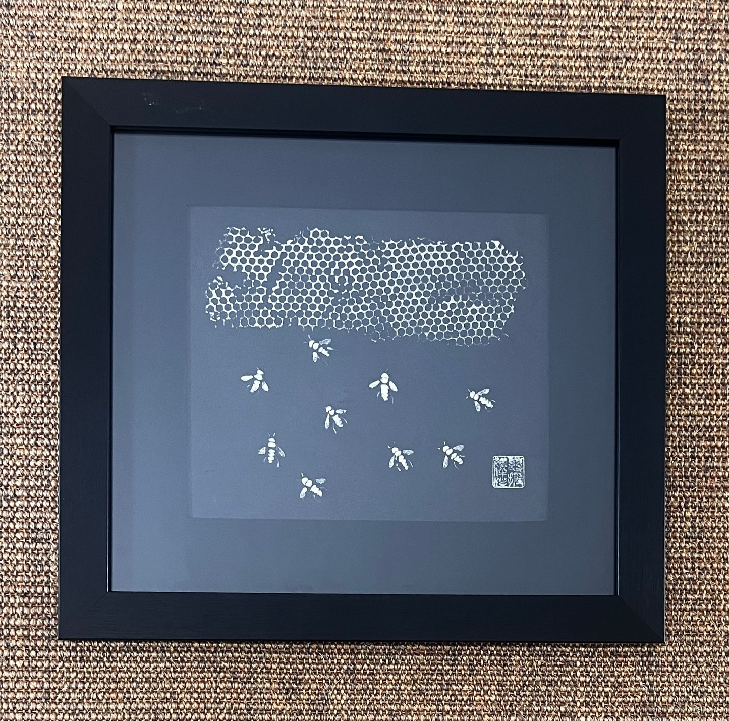 Framed Gyotaku of Bees and Honeycomb