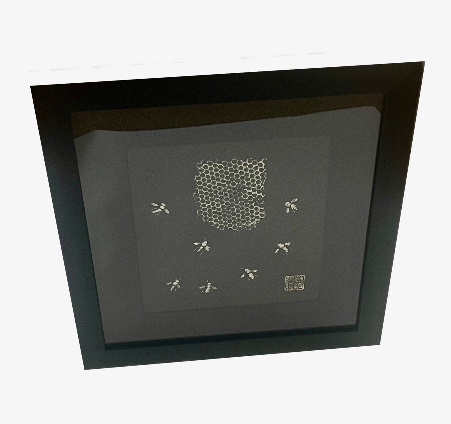 Framed Gyotaku of Bees and Honeycomb