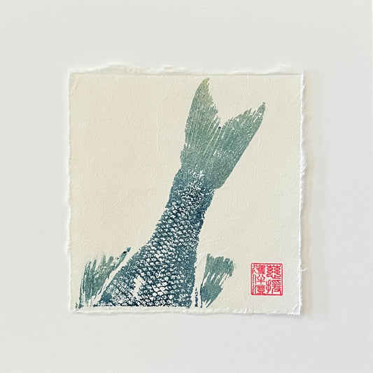 Sea Bass Tail Mini Print – Blue & Gold on Thai Mulberry Paper
