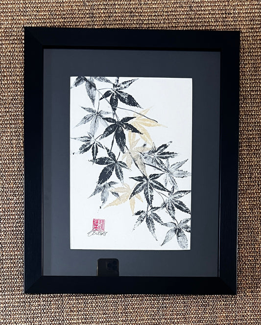 Framed Acer Gyotaku on handmade Japanese Kozo Paper.