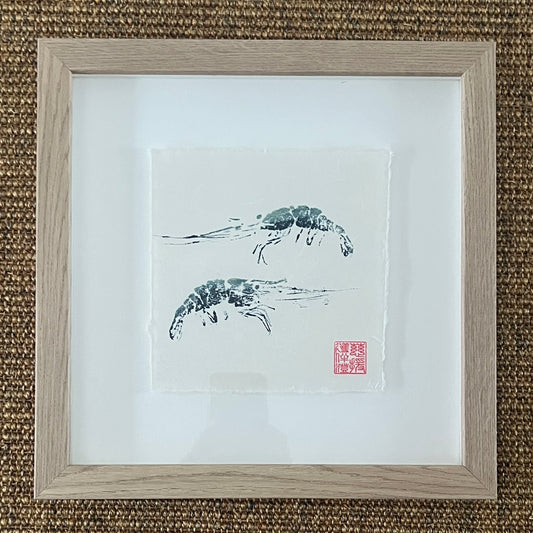 Framed Prawn Mini Print – Blue & Gold on Thai Mulberry Paper