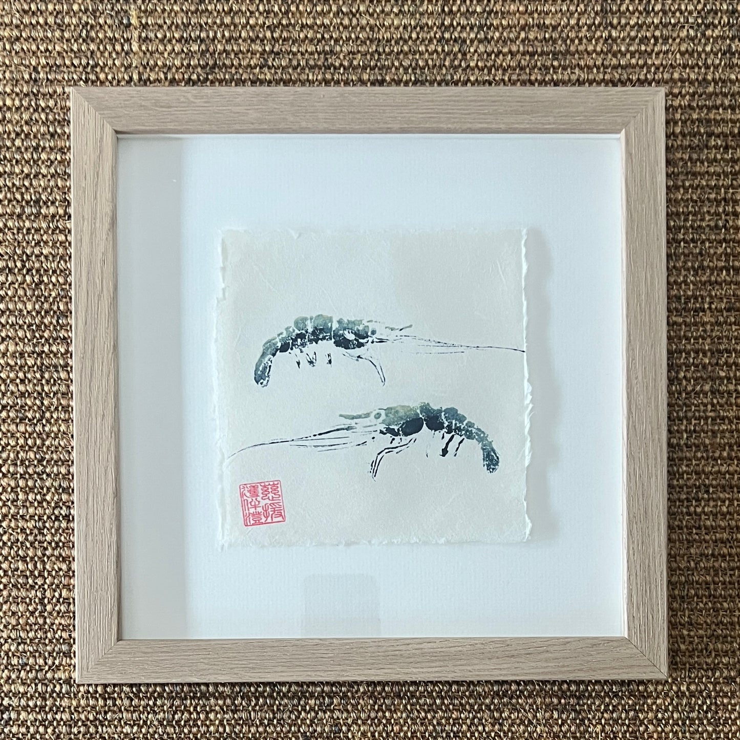 Framed Prawn Mini Print – Blue & Gold on Thai Mulberry Paper