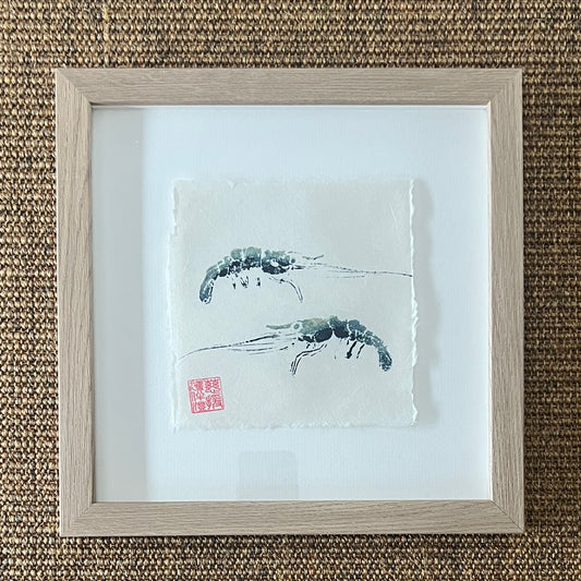 Framed Prawn Mini Print – Blue & Gold on Thai Mulberry Paper