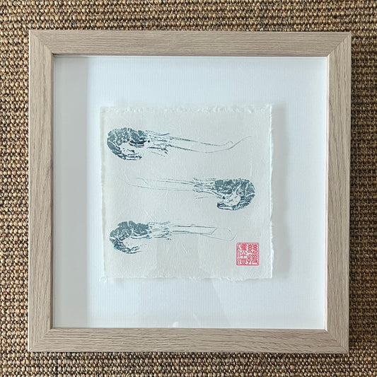 Framed Prawn Mini Print – Blue & Gold on Thai Mulberry Paper