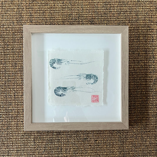 Framed Prawn Mini Print – Blue & Gold on Thai Mulberry Paper