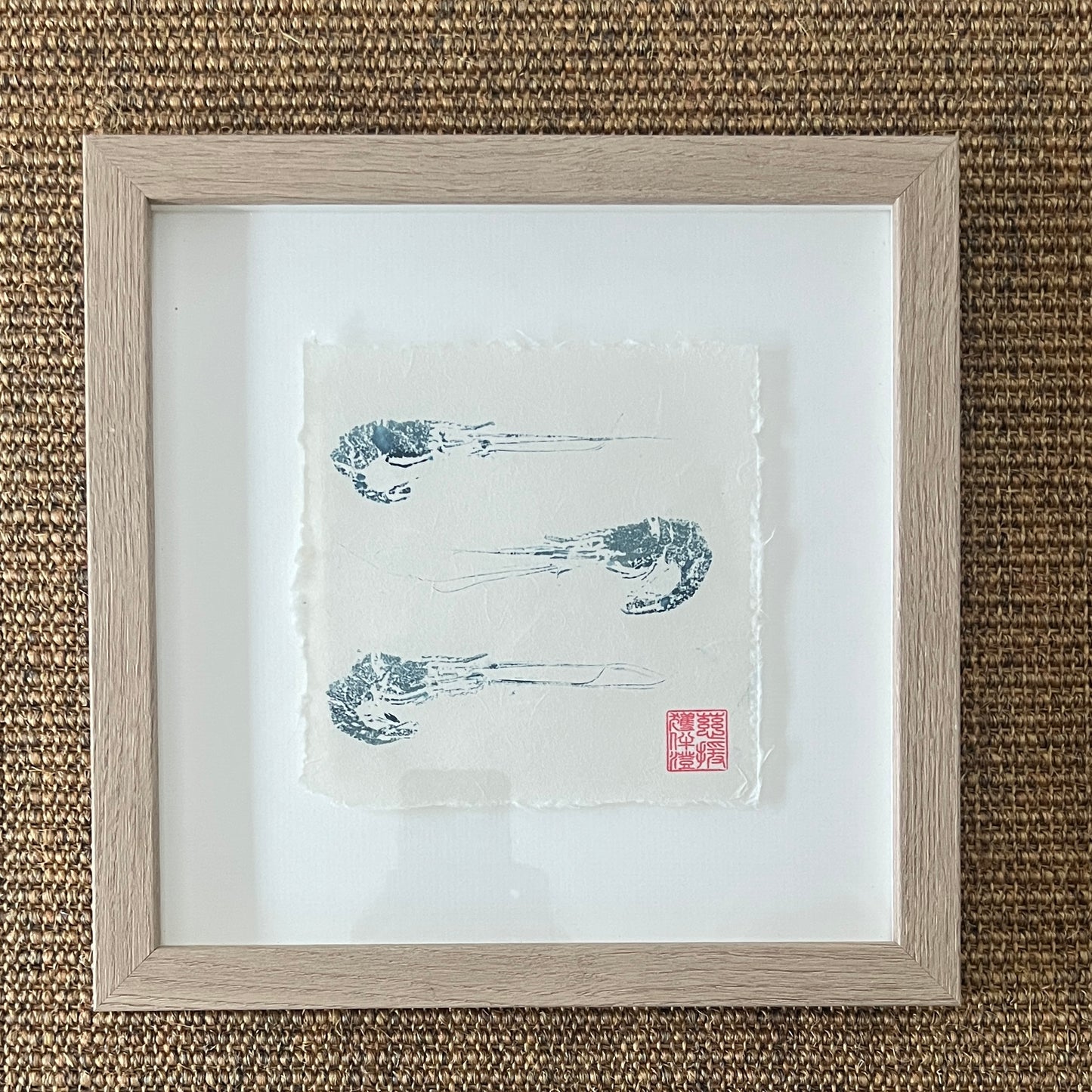 Framed Prawn Mini Print – Blue & Gold on Thai Mulberry Paper