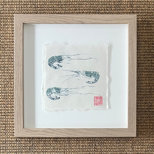 Framed Prawn Mini Print – Blue & Gold on Thai Mulberry Paper