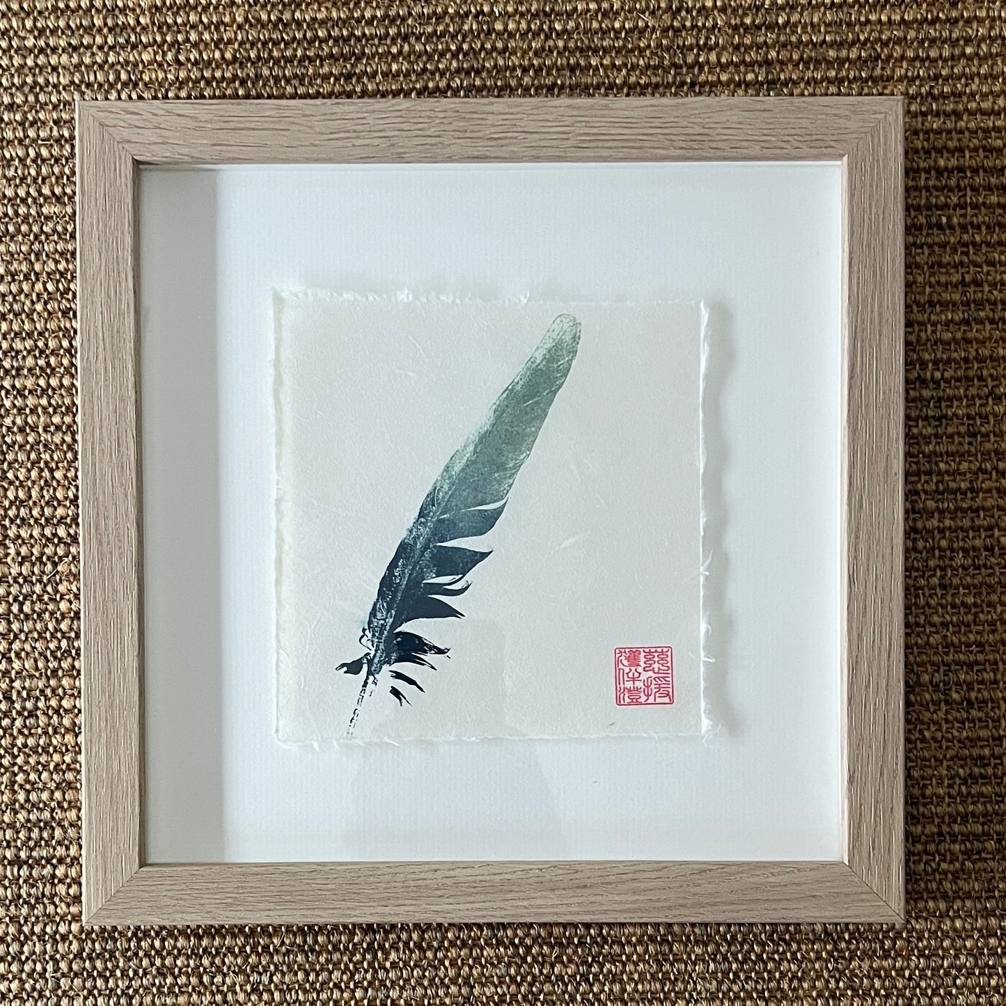 Framed Feather Mini Print – Blue & Gold on Thai Mulberry Paper