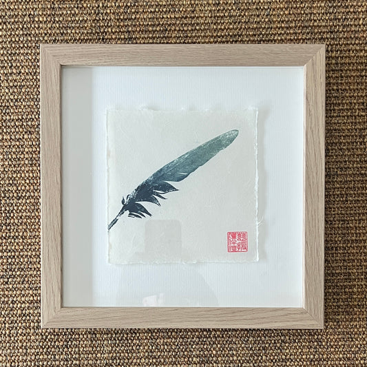 Framed Feather Mini Print – Blue & Gold on Thai Mulberry Paper