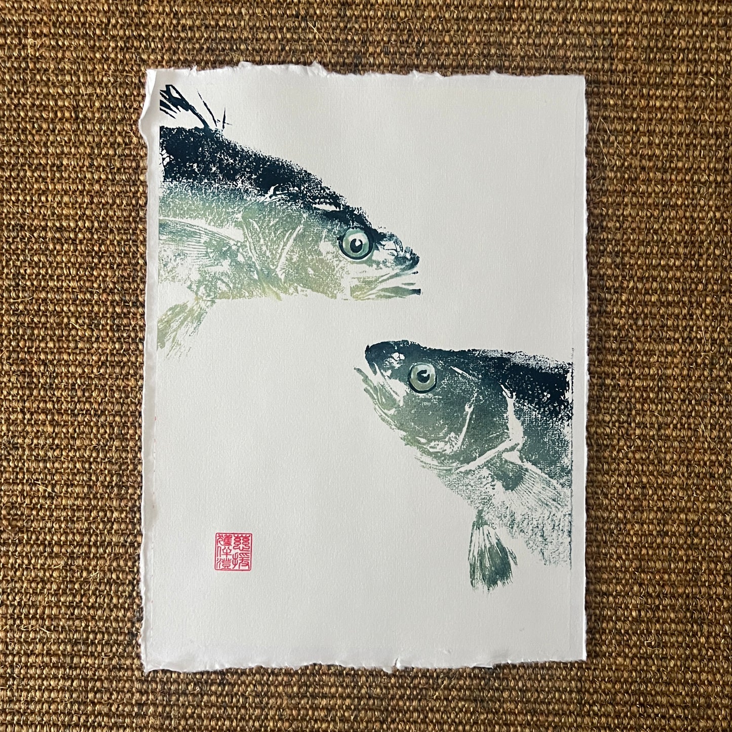 A4 Sea Bass Heads Gyotaku  – Blue, Green and Gold