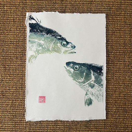 A4 Sea Bass Heads Gyotaku  – Blue, Green and Gold