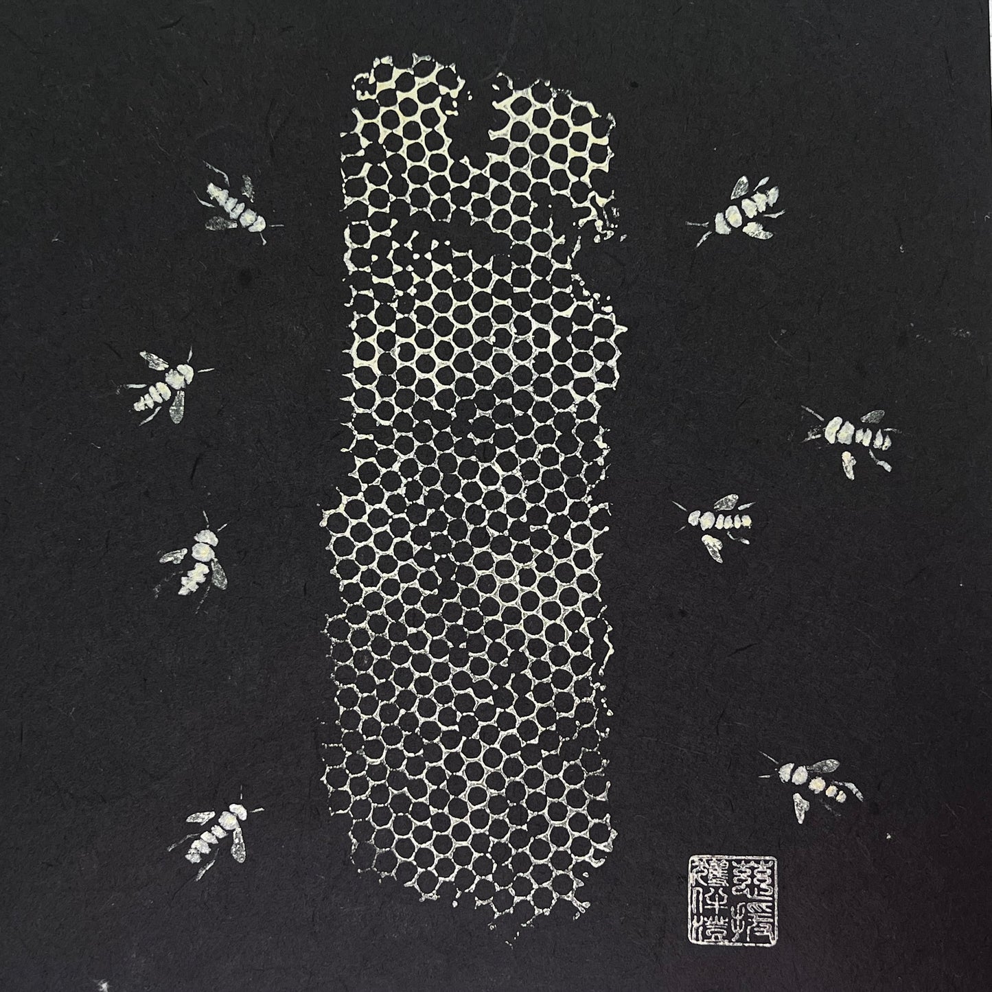 Framed Gyotaku of Bees and Honeycomb