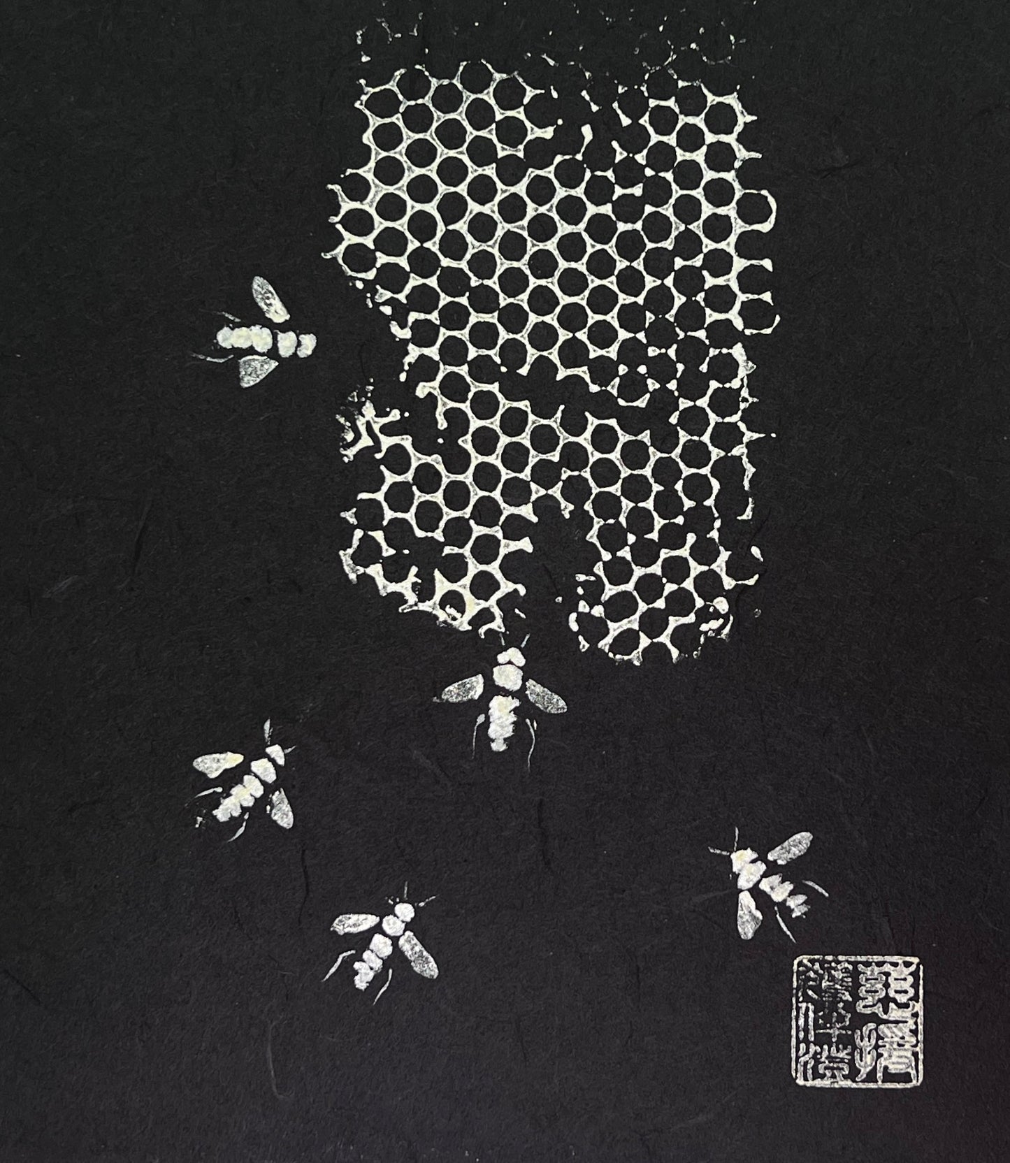 Framed Gyotaku of Bees and Honeycomb