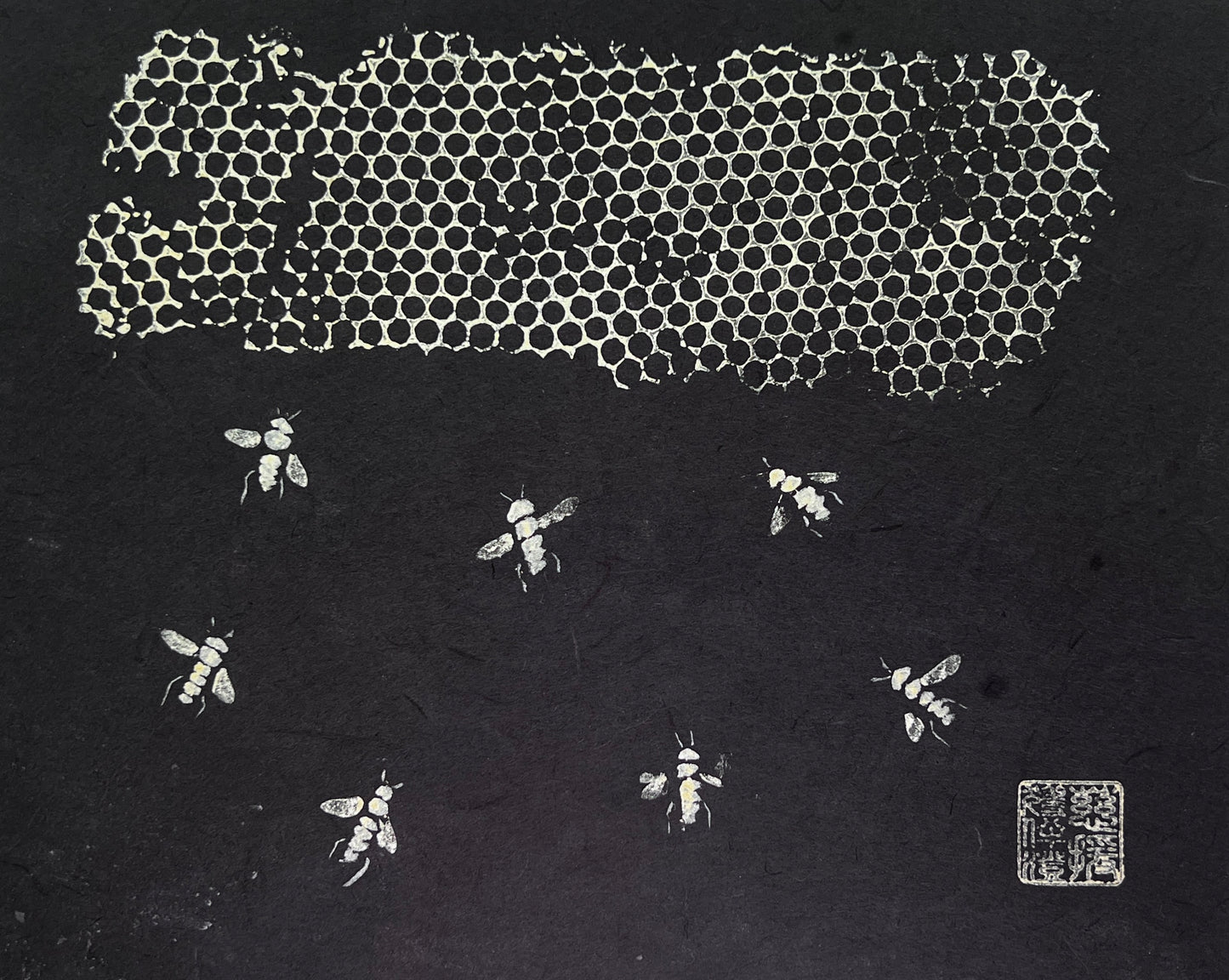 Framed Gyotaku of Bees and Honeycomb