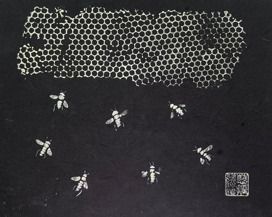 Framed Gyotaku of Bees and Honeycomb