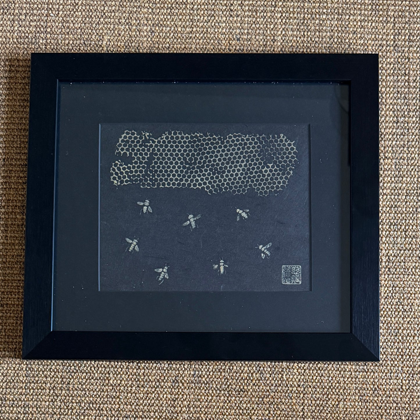 Framed Gyotaku of Bees and Honeycomb