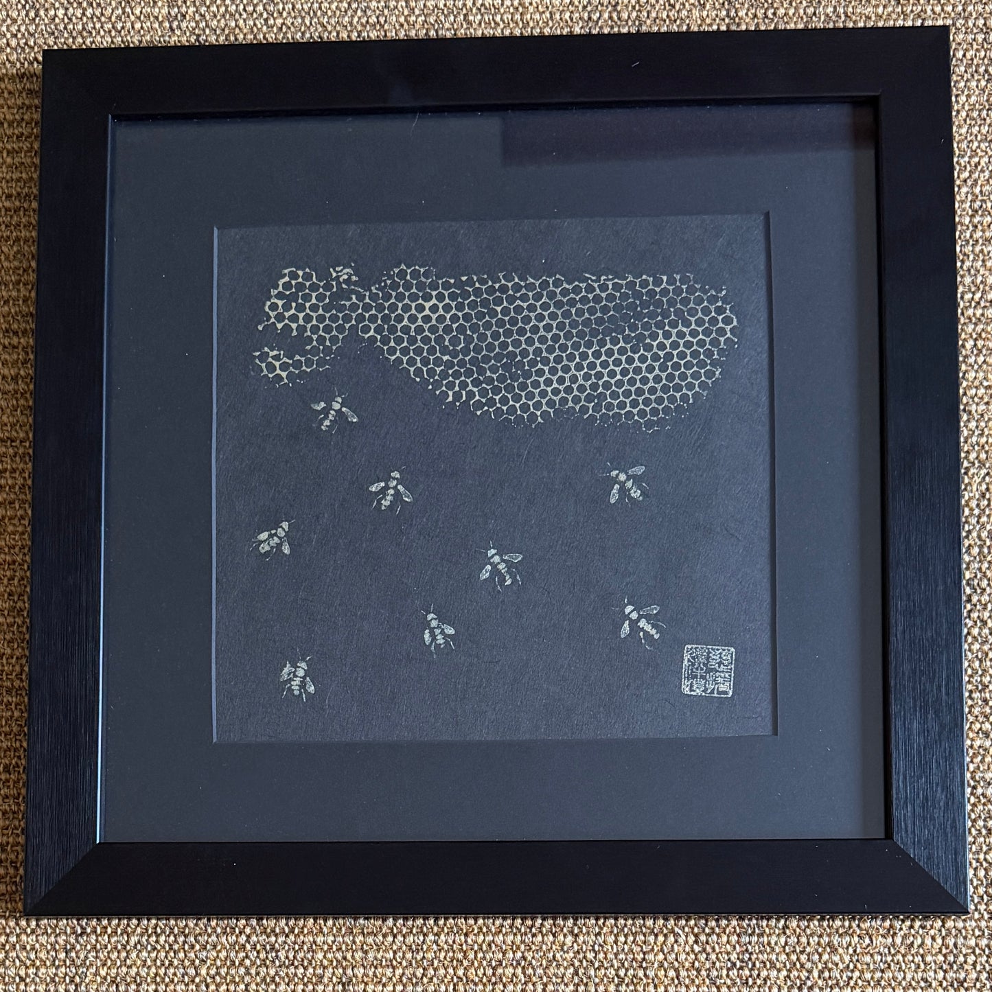 Framed Gyotaku of Bees and Honeycomb