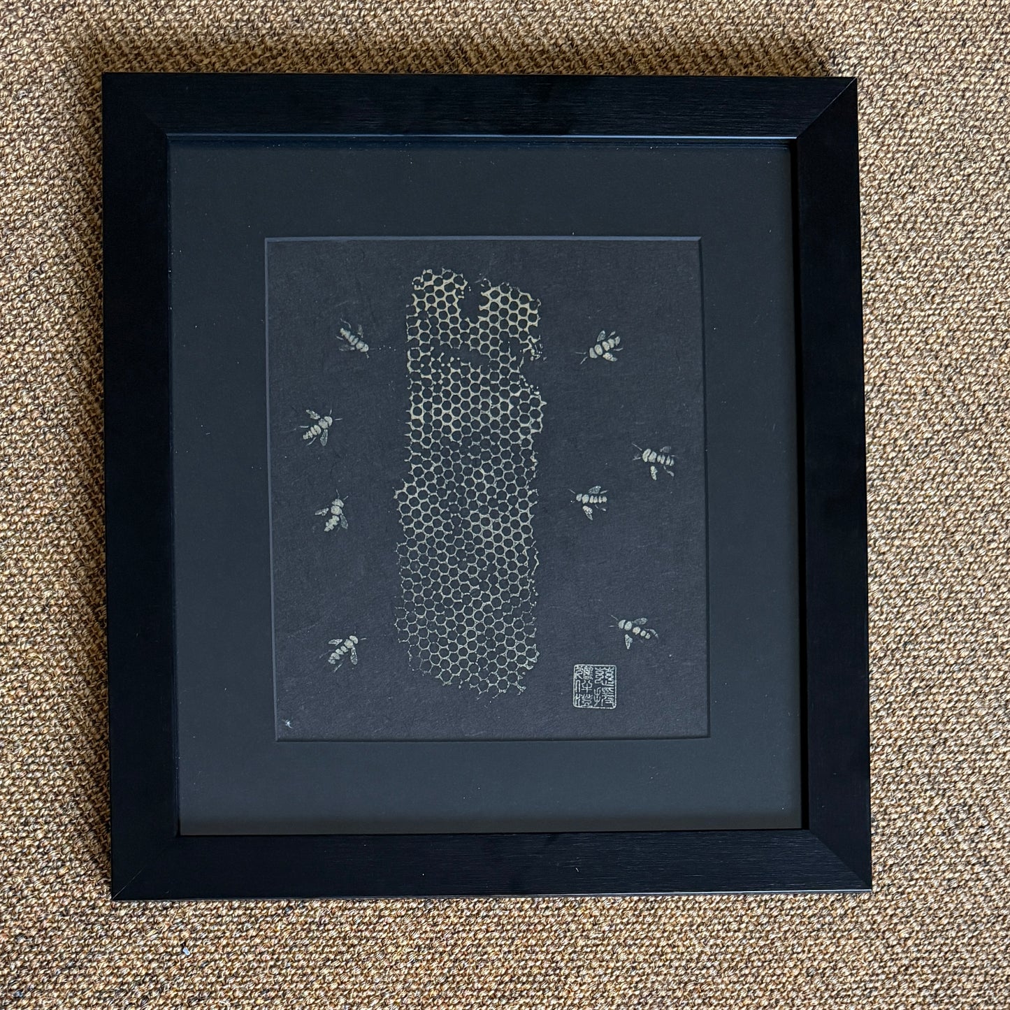 Framed Gyotaku of Bees and Honeycomb