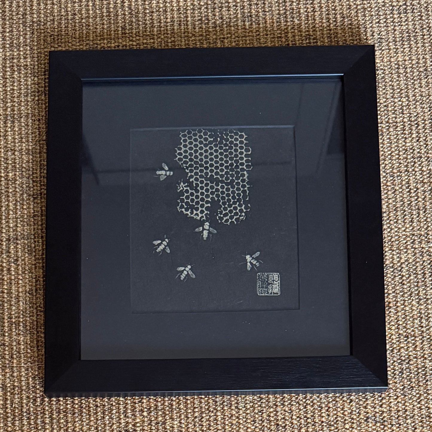 Framed Gyotaku of Bees and Honeycomb
