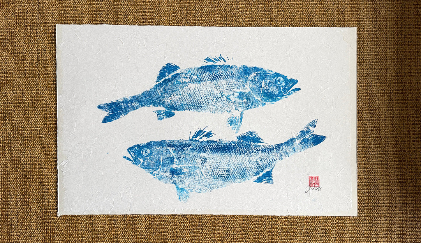 Bright Blue, Anglesey Sea Bass Duo Gyotaku