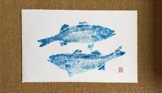 Bright Blue, Anglesey Sea Bass Duo Gyotaku
