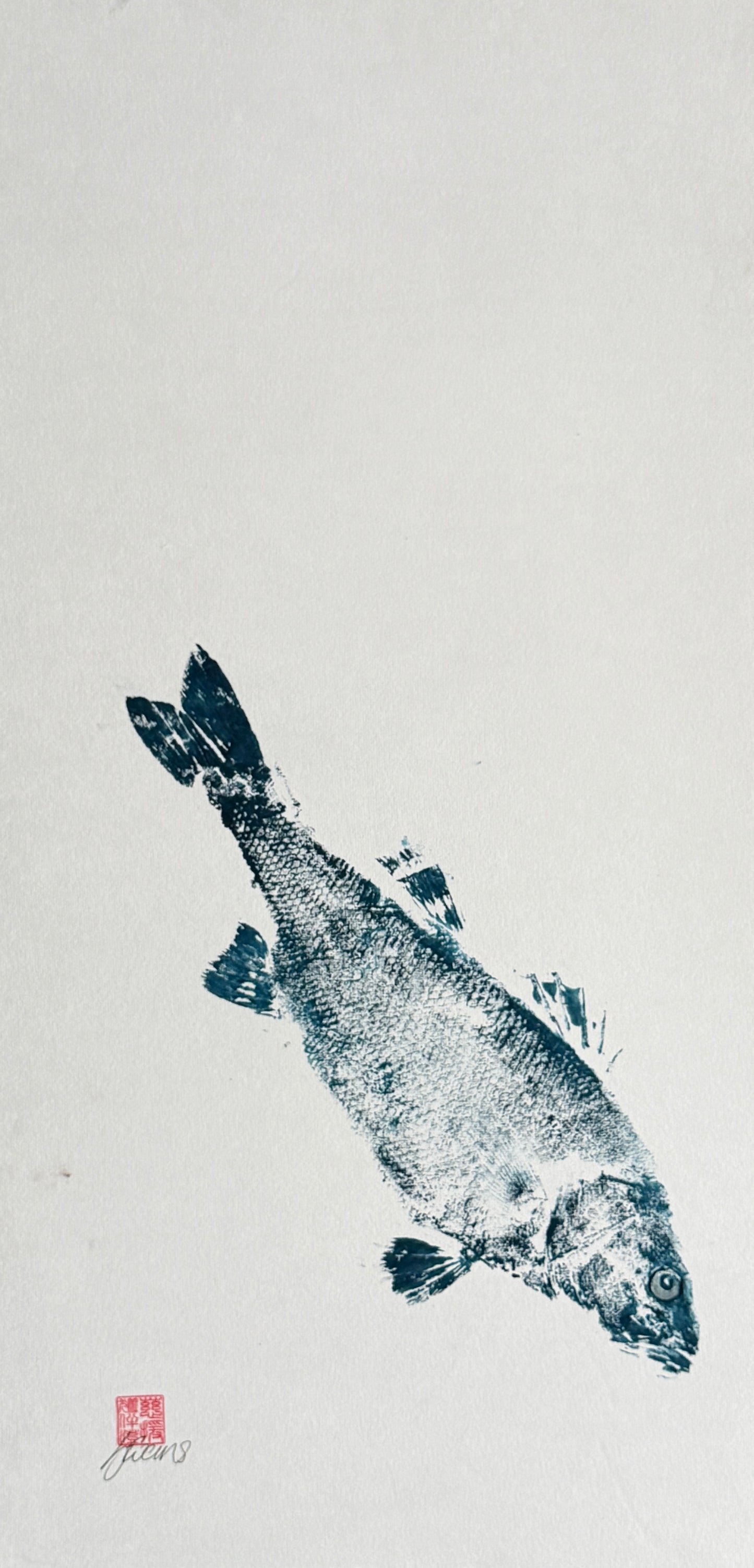 Menai Strait Line Caught Sea Bass Gyotaku.