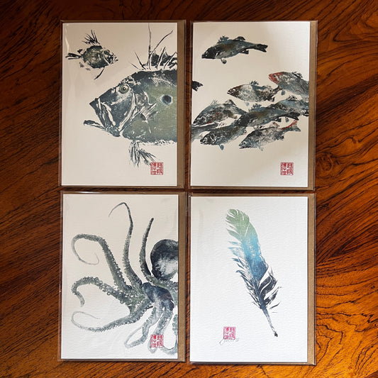 Four Gyotaku Greeting Cards