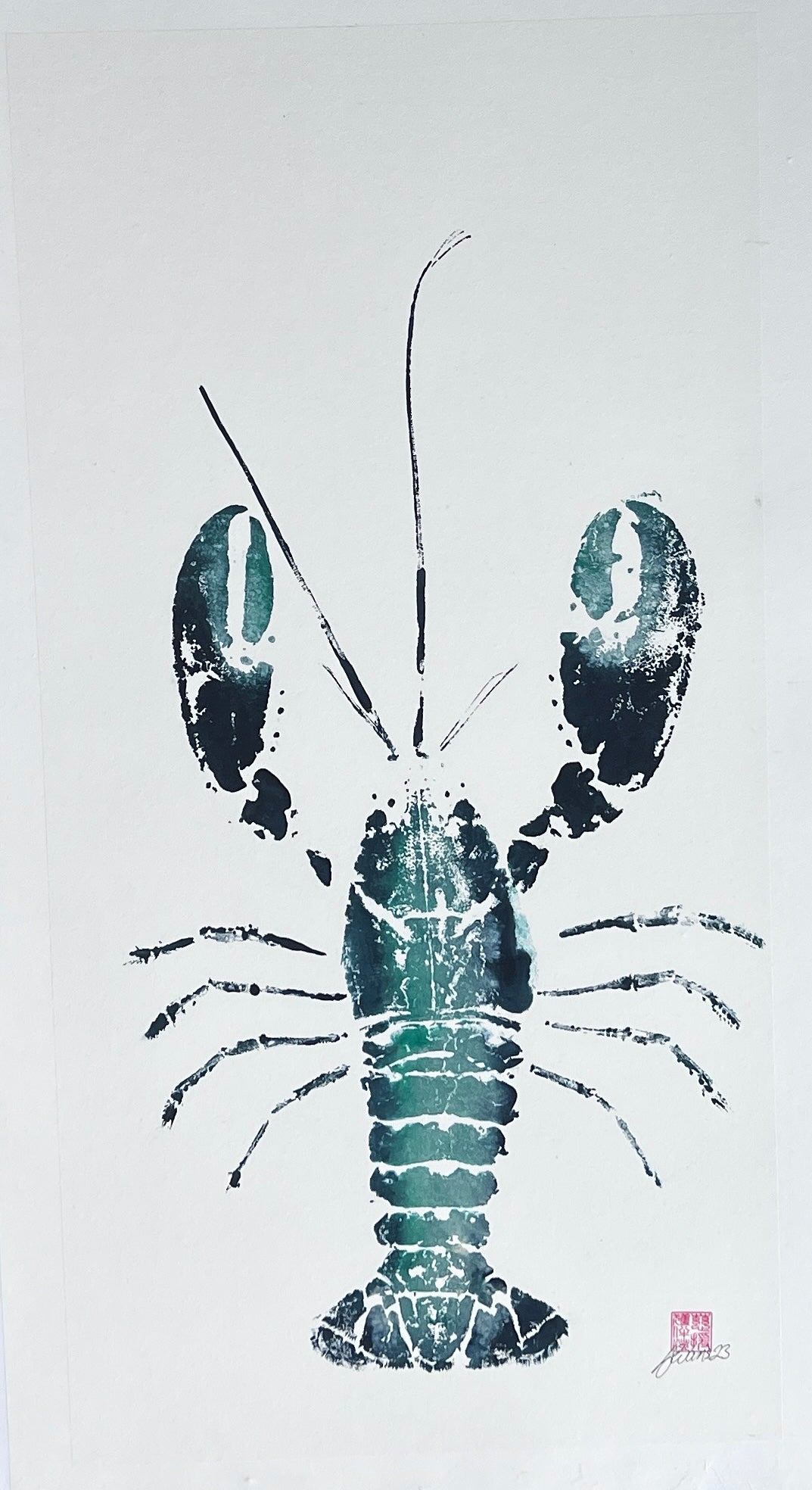 Menai Strait Lobster, Gyotaku Printed in Blue, Green and Gold ink