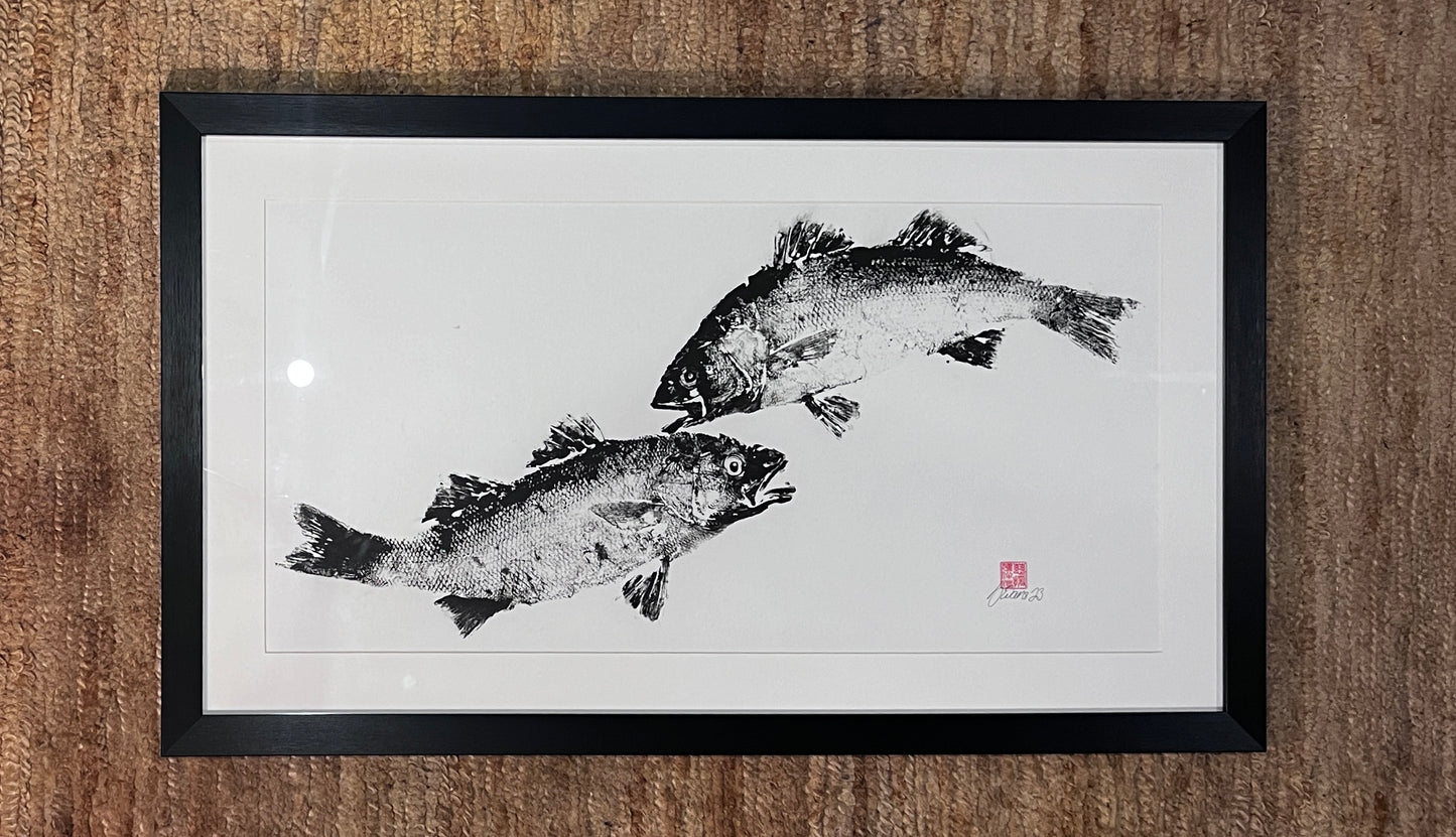 Anglesey Sea Bass Duo Gyotaku Print using Sumi Ink