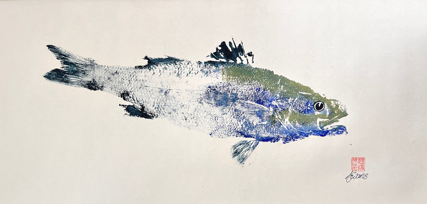 Menai Strait, Line Caught Sea Bass Gyotaku Printed and Wet Mounted.