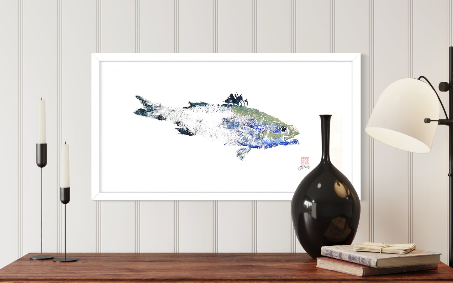 Menai Strait, Line Caught Sea Bass Gyotaku Printed and Wet Mounted.