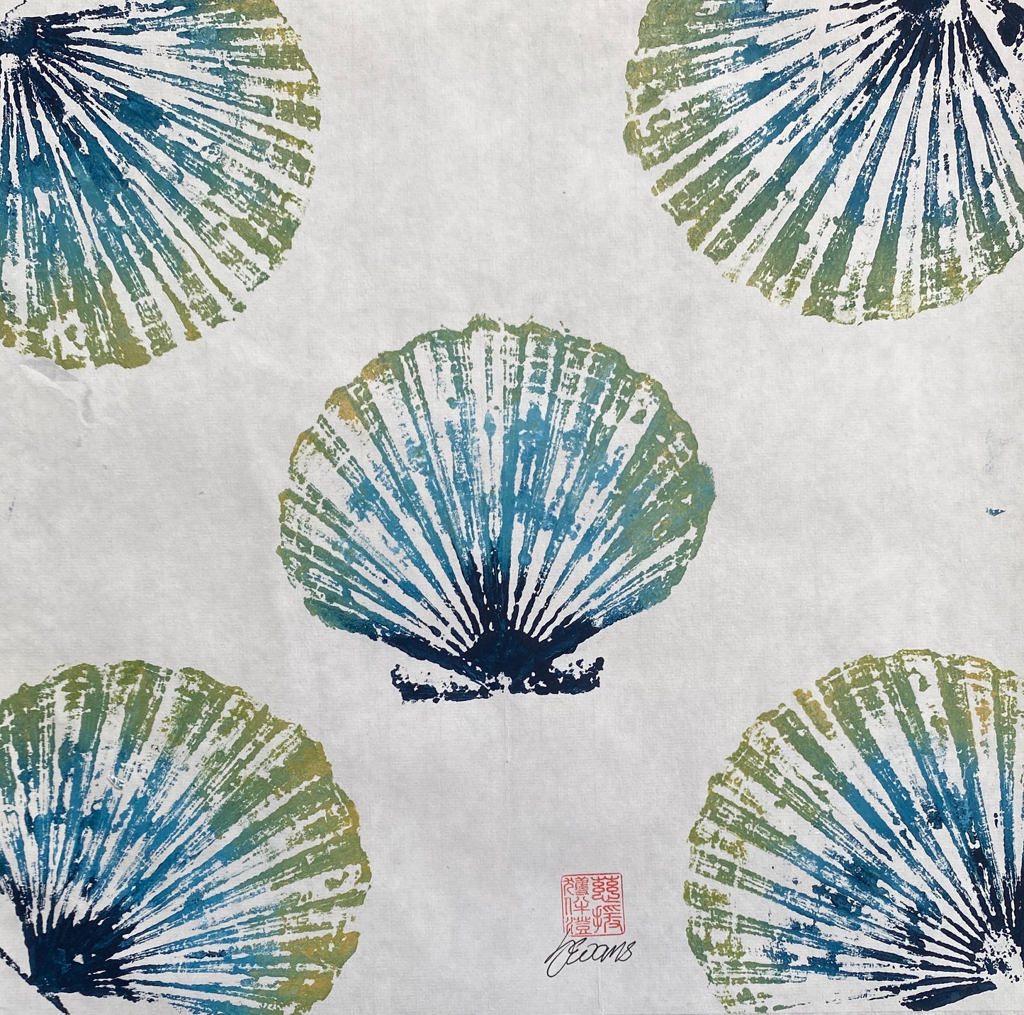 Multiple Scallop Shell Gyotaku Print, Wet Mounted